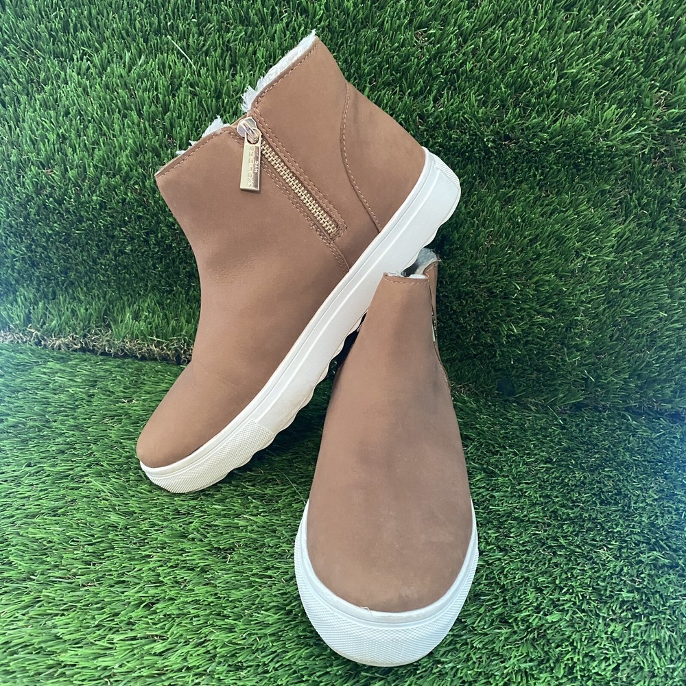 J Slides Poppy Ankle Boots Brown Suede 8.5 Medium‎ Women's Faux Fur Lining Zip